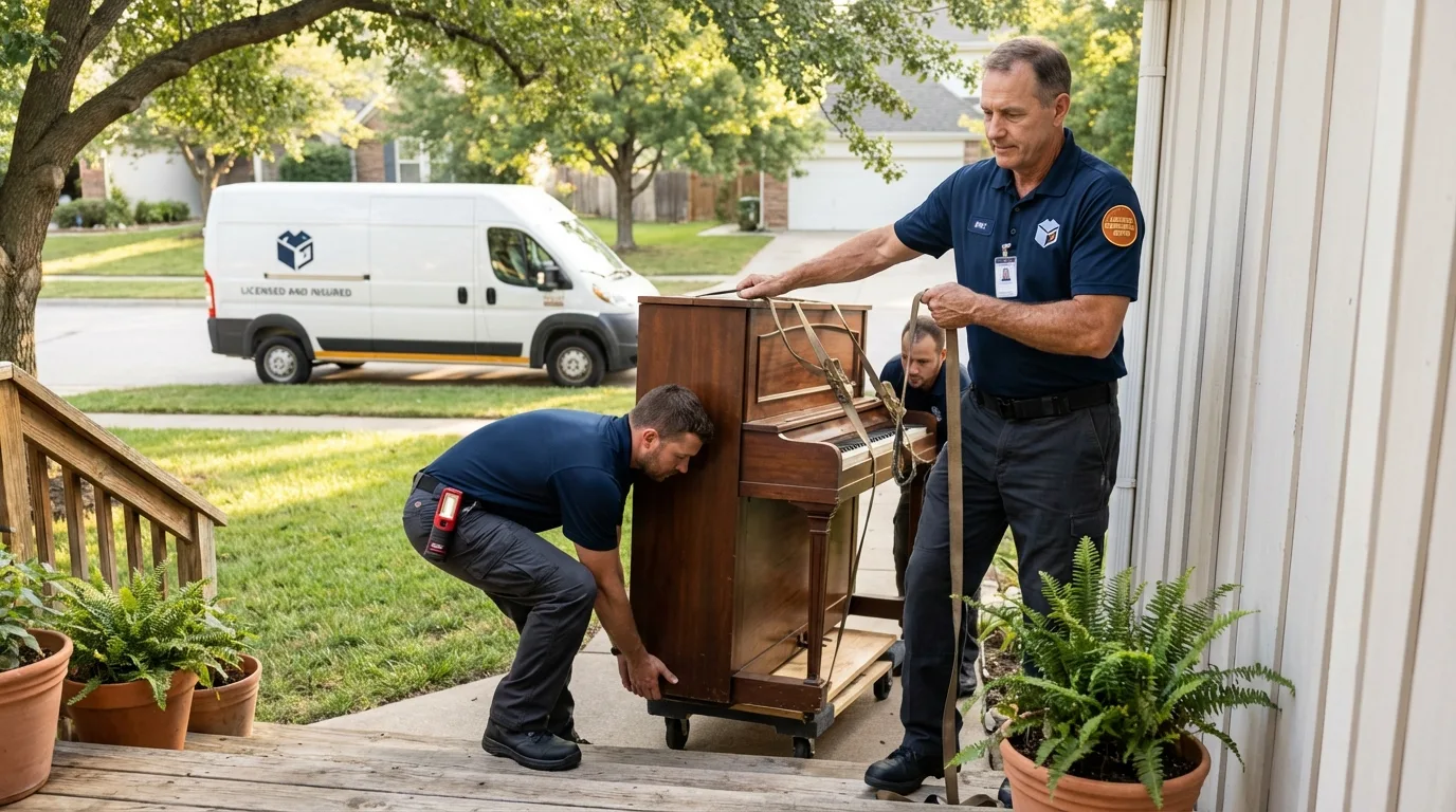 Licensed piano movers securing grand piano in East Longmeadow, MA