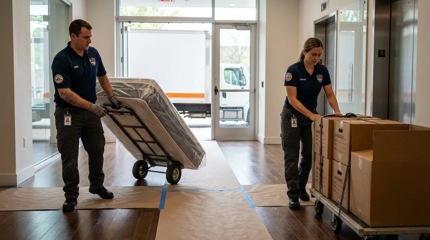 Professional apartment movers loading elevator in East Longmeadow, MA