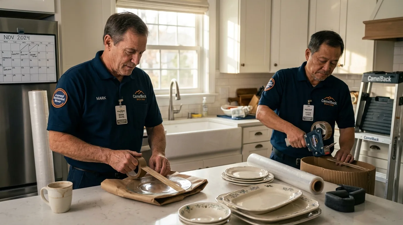 Professional crew packing kitchen dishware in East Longmeadow, MA